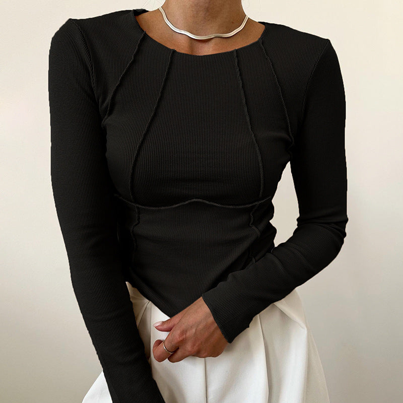 Damen-Langarmshirt mit Rippstrick und Ziernähten